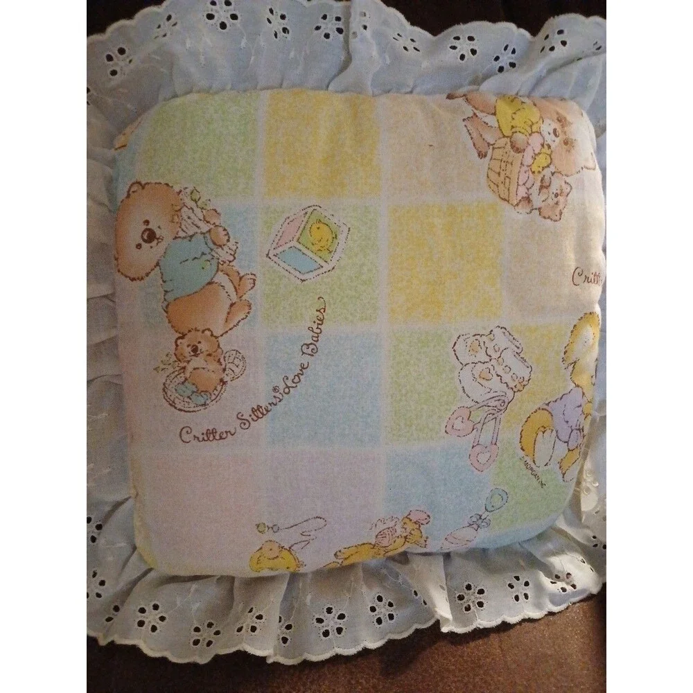 Critter Sitters Love Babies Vintage Handmade Baby Pillow Lace Trim 9